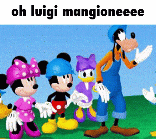 a cartoon of mickey mouse minnie mouse goofy and daisy duck with the caption oh luigi mangioneeee