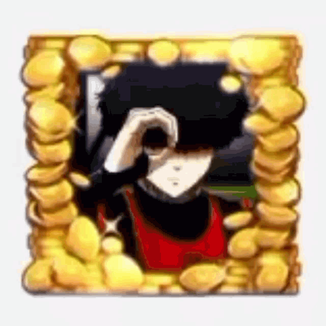 a picture of a person in a gold frame with coins around it .