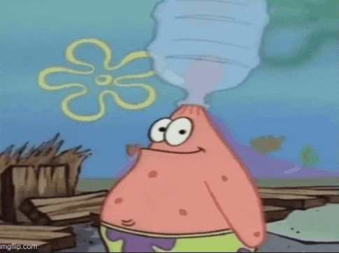 a cartoon character from spongebob squarepants is drinking water from a bottle .