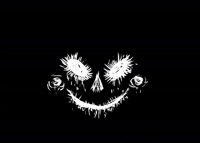 a black and white drawing of a smiley face with spiky eyes .