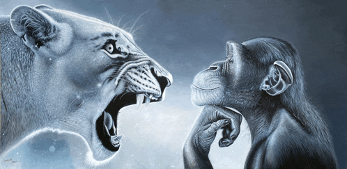 a painting of a lion and a chimpanzee with the year 2007 on the bottom left