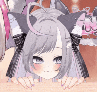 a drawing of a girl with a cat ear and a ribbon that says love me