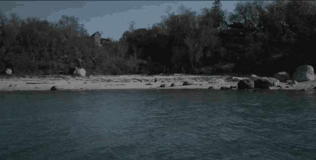 a body of water surrounded by rocks and trees
