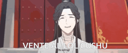 a man with long hair is smiling in front of a red door with the words vente all lol cushu written on it .