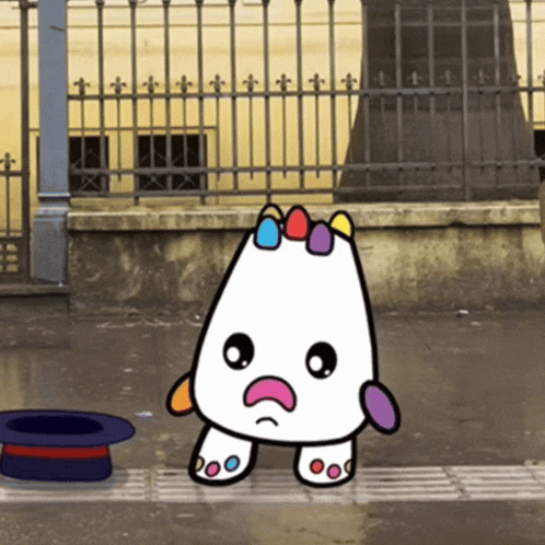 a cartoon character with a sad face is standing next to a hat