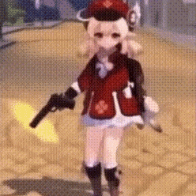 a girl in a red dress is holding a gun in her hand .