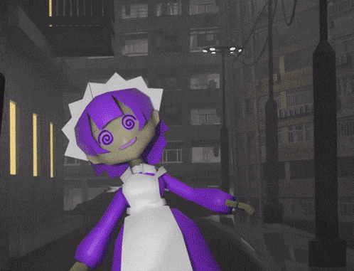 a cartoon character with purple hair and a white hat