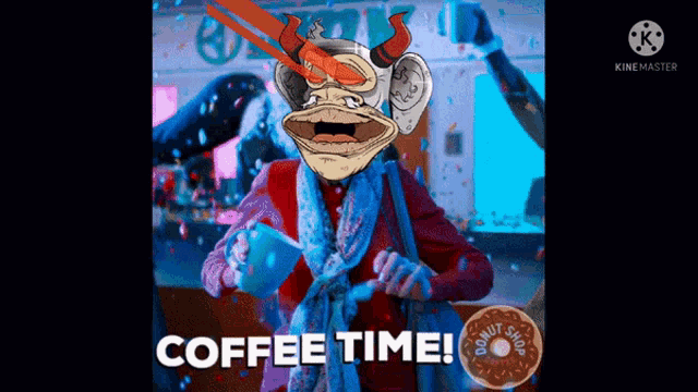 a cartoon of a monkey holding a donut with the words coffee time on it