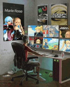 a man sits at a desk in front of a marie rose poster
