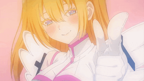 a girl with blonde hair and blue eyes is wearing white gloves