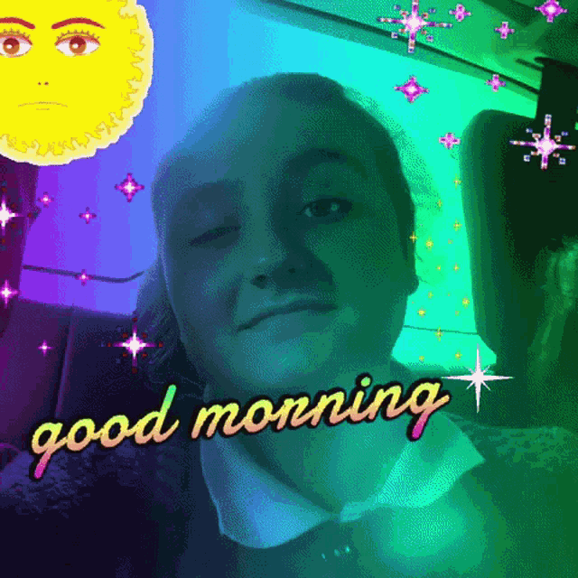 a girl is sitting in a car with the words good morning written on the bottom