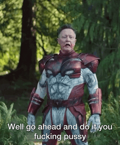 a man in a superhero costume says well go ahead and do it you fucking pussy ..