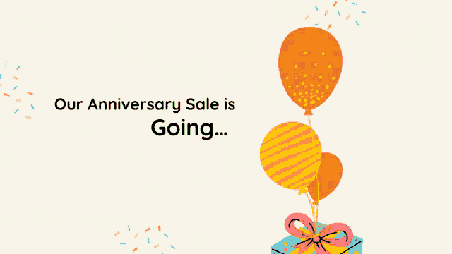 an anniversary sale is going with balloons and a gift