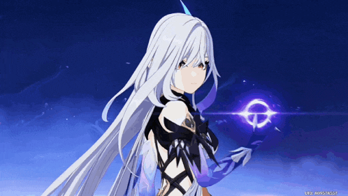 a girl with long white hair is holding a purple circle in her hand