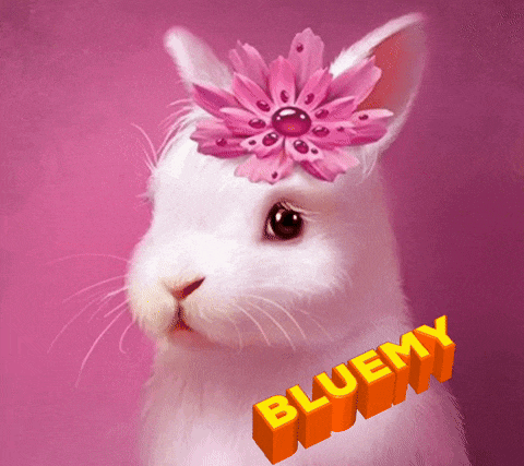 a white rabbit with a pink flower on its head and the name bluemy on the bottom right