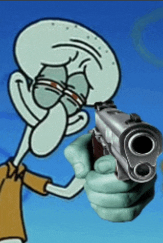 squidward from spongebob squarepants is pointing a gun