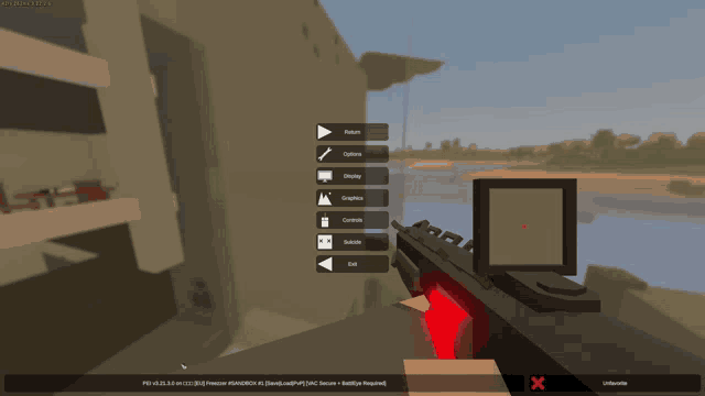 a screenshot of a video game with a red light coming out of a gun