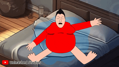 a cartoon of a man laying on a bed with unleashed studios on the bottom right