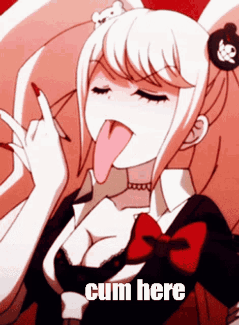 a girl with her tongue out and the words cum here