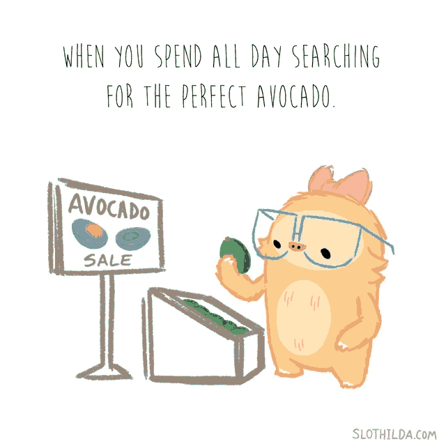 a cartoon of a sloth holding an avocado in front of a sign that says avocado sale