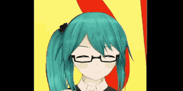 a close up of a girl wearing glasses with a yellow and red background