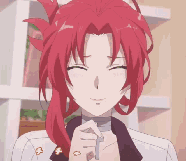 a girl with red hair is smiling and holding a key in her hand