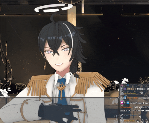 a screenshot of a video game shows a man with black hair and purple eyes talking to someone