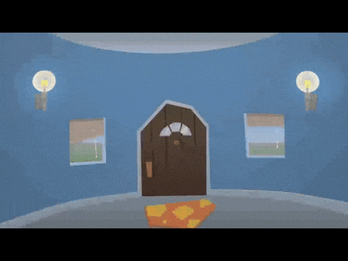 a cartoon of a dragon standing in front of a door with a picture of a skeleton in the background