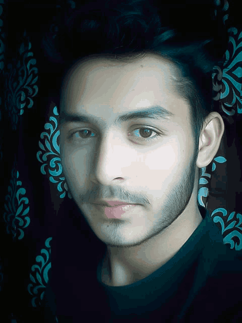 a young man with a beard looks at the camera with a dark background