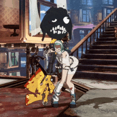 a video game character is holding a gun in a room with stairs behind her