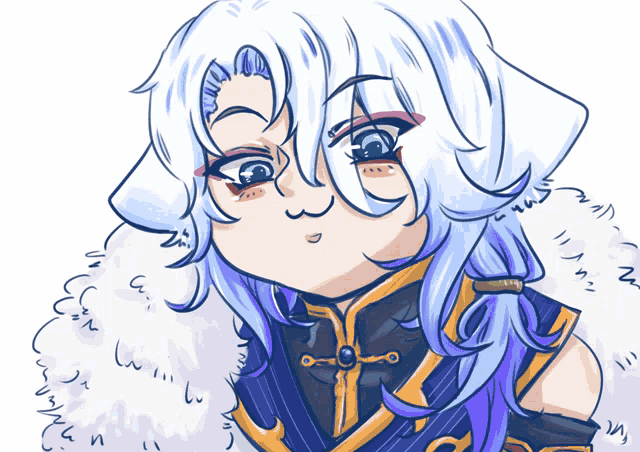 a drawing of a girl with white hair and blue eyes making a funny face