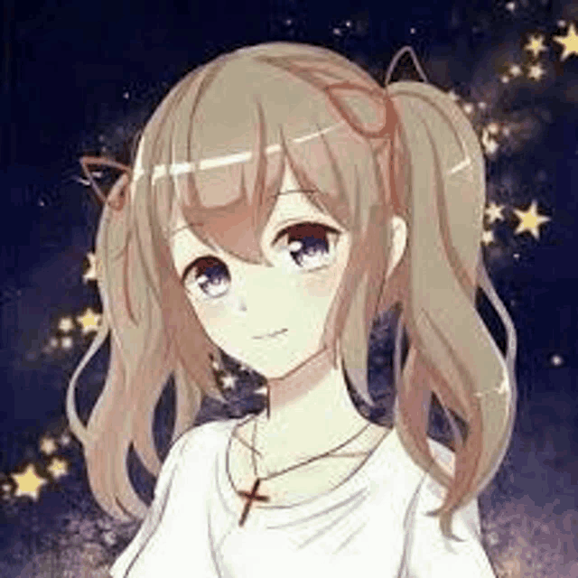 a girl with pigtails is wearing a cross necklace and a white shirt .