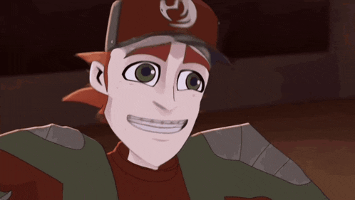 a cartoon character wearing a red hat with a bird on it smiles