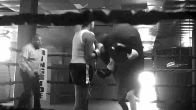 a man stands in a boxing ring with a sign on the wall that says ' mr. '