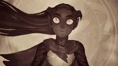 a cartoon character with long hair and big eyes is standing in front of a circular pattern .