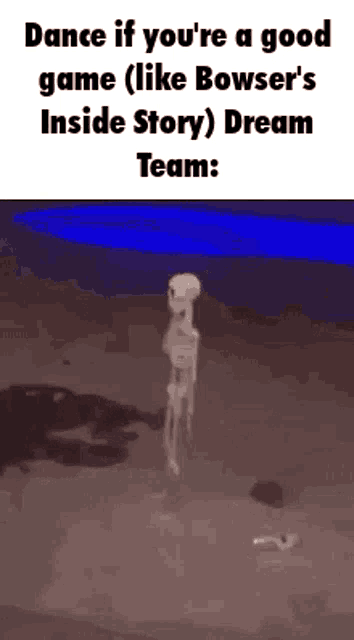 a skeleton is standing in the dirt in a video game .