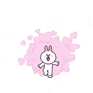 a cartoon rabbit is surrounded by pink hearts and kisses on a white background .