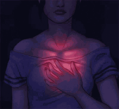 a woman is holding her hands to her chest and her heart is glowing .