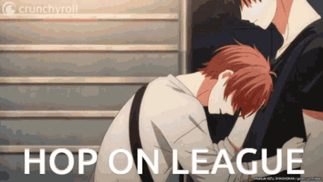 a couple of anime characters with the words hop on league