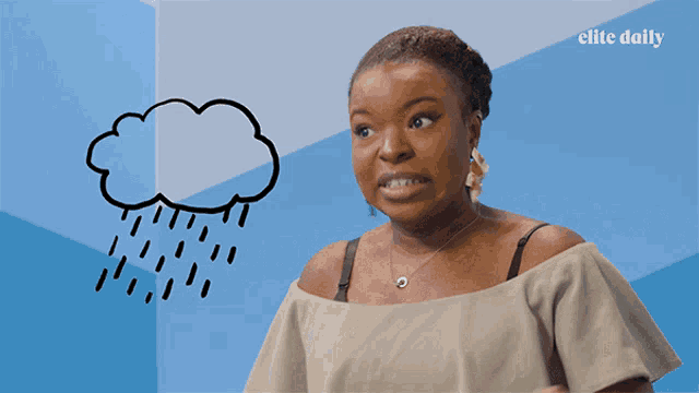 a woman stands in front of a blue wall with a drawing of a cloud and rain on it