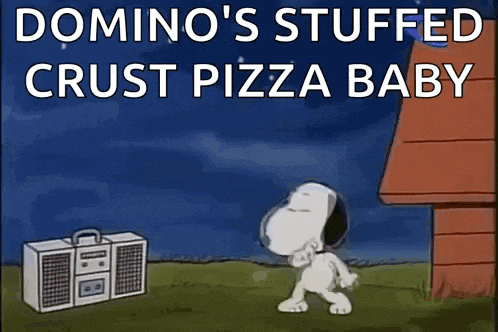 a cartoon of snoopy dancing in front of a boombox with the words domino 's stuffed crust pizza baby