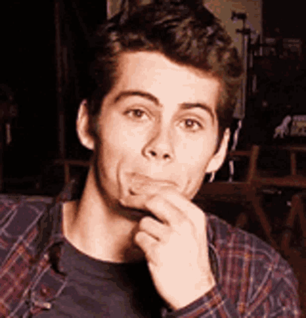 a young man in a plaid shirt is making a funny face with his hand on his chin