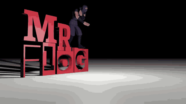 a ninja is standing on top of the word mr. fog
