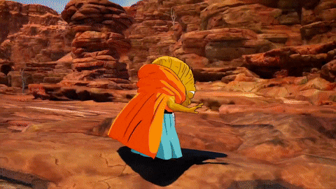 a cartoon character with an orange cape stands in a desert