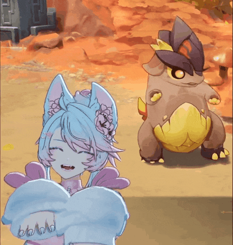 a cartoon drawing of a girl with a flower in her hair and a monster