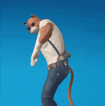 a man with a cat 's head and suspenders holds his fist up
