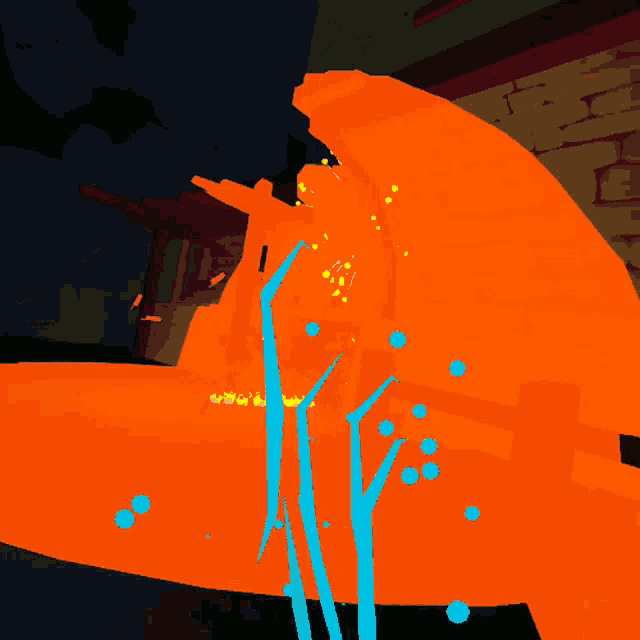 a cartoon drawing of a giant orange object with blue lines coming out of it