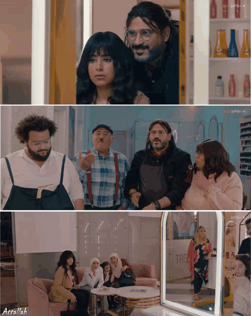 a group of people are sitting in front of a mirror in a salon