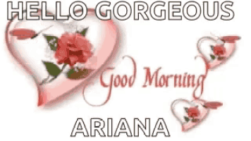 a pink heart with a rose on it and the words `` hello gorgeous good morning ariana ''