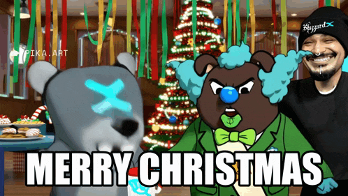 a merry christmas greeting card with a clown and a teddy bear